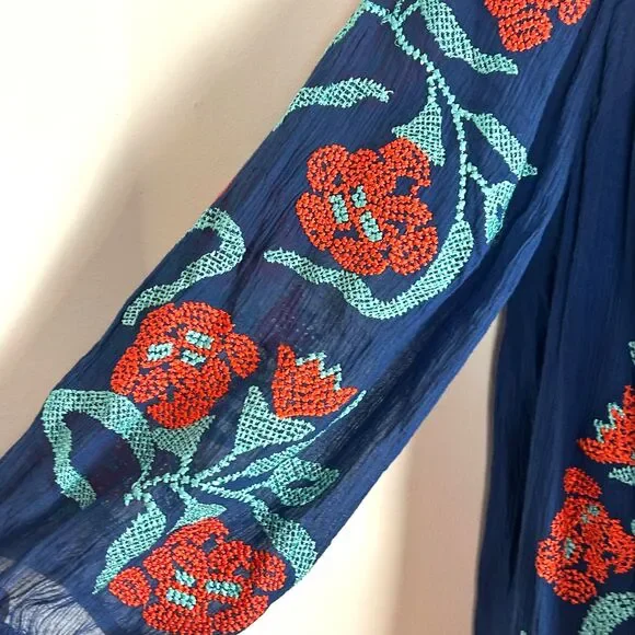 Trina Turk Blue Embroidered Boho Cotton Lined Floral Tunic Dress Size 6 NEW - Picture 2 of 15